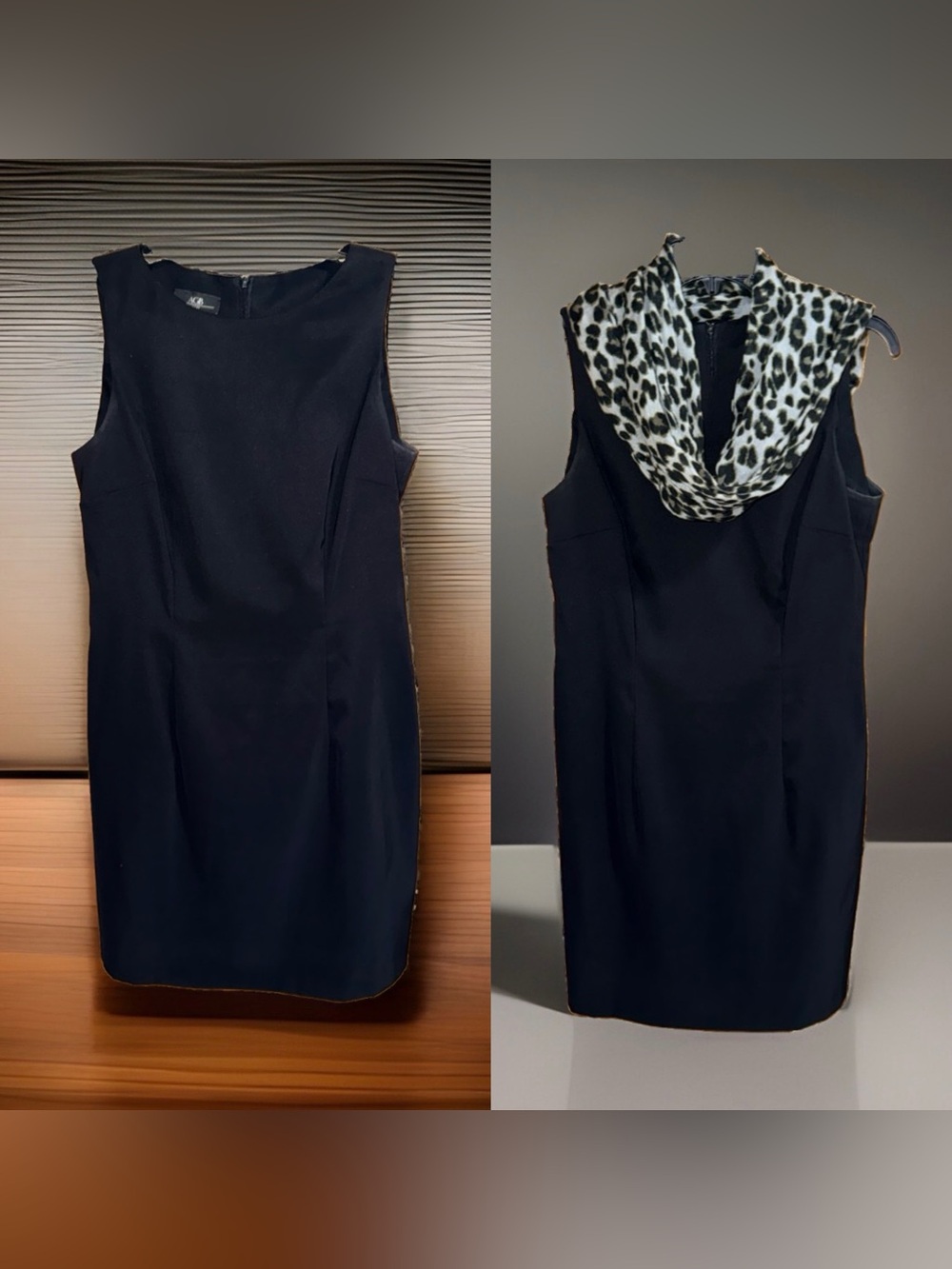 AGB Classic Black Sheath Dress with Leopard Print Scarf-10-EC